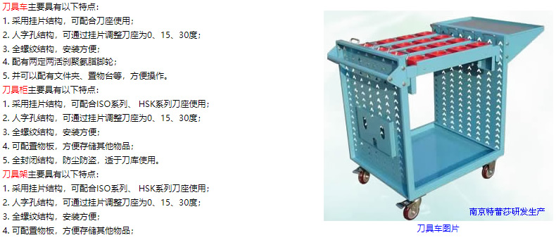 刀具車主要具有以下特點(diǎn)： 1. 采用掛片結(jié)構(gòu)，可配合刀座使用； 2. 人字孔結(jié)構(gòu)，可通過(guò)掛片調(diào)整刀座為0、15、30度； 3. 全螺紋結(jié)構(gòu)，安裝方便； 4. 配有兩定兩活剎聚氨脂腳輪； 5. 并可以配有文件夾、置物臺(tái)等，方便操作。 刀具柜主要具有以下特點(diǎn)： 1. 采用掛片結(jié)構(gòu)，可配合ISO系列、 HSK系列刀座使用； 2. 人字孔結(jié)構(gòu)，可通過(guò)掛片調(diào)整刀座為0、15、30度； 3. 全螺紋結(jié)構(gòu)，安裝方便； 4. 可配置物板，方便存儲(chǔ)其他物品； 5. 全封閉結(jié)構(gòu)，防塵防盜，適于刀庫(kù)使用。 刀具架主要具有以下特點(diǎn)： 1. 采用掛片結(jié)構(gòu)，可配合ISO系列、 HSK系列刀座使用； 2. 人字孔結(jié)構(gòu)，可通過(guò)掛片調(diào)整刀座為0、15、30度； 3. 全螺紋結(jié)構(gòu)，安裝方便； 4. 可配置物板，方便存儲(chǔ)其他物品；